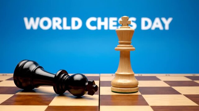 White king on chessboard, black piece fallen, World Chess Day