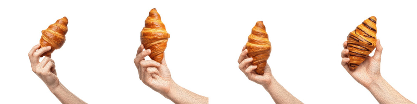 Set and collection of hands holding fresh golden croissants and chocolate pastries in different angles isolated on white transparent PNG background