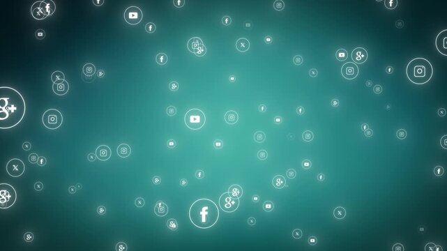 Abstract Social Media Platform Icons Seamless Loop Background with Floating Generic Digital Communication Logos Moving Towards Camera for Marketing Concepts