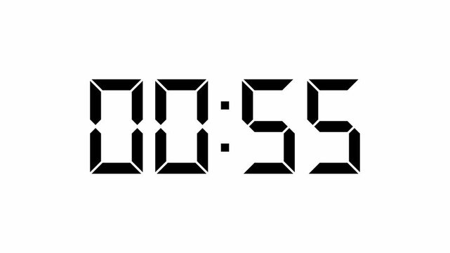 Digital timer animation 1-minute countdown from 1 to 0 minutes. 4K video on a white background