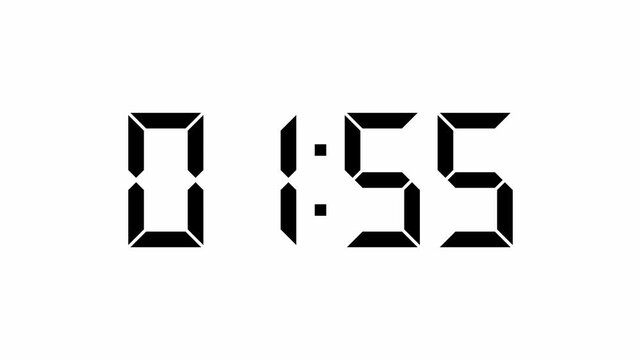 Digital timer animation 1-minute countdown from 2 to 1 minutes. 4K video on a white background