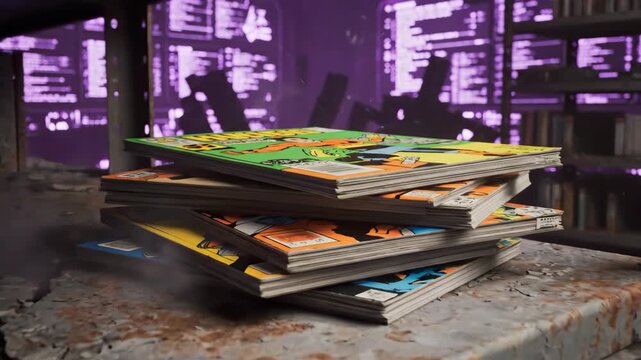Comic books stacked on a shelf in a library.