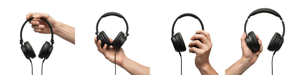 Fototapeta premium Set and collection of hands holding black wired over-ear headphones and professional headsets in different angles isolated on white transparent PNG background