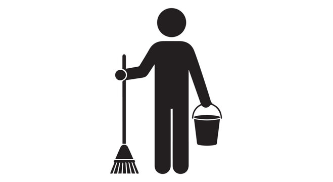 A person holding a broom and bucket, standing in a cleaning pose, symbolizing household chores and maintenance.