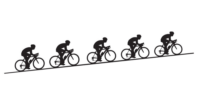Four silhouettes of cyclists riding bicycles uphill in a row on Transparent Background, showcasing motion and effort.