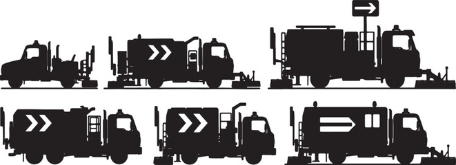 Obraz premium Black Solid Road Marking Truck Silhouettes Set of Six on White Background