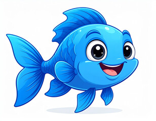 Cute Cartoon Fish with Big Eyes, Funny Sea Animal on White Background