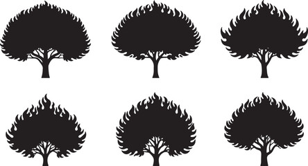 Black Solid Royal Poinciana Flame Tree Silhouettes Set of Six on White Background © Reshma