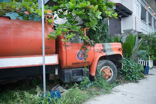 Old rusty fire truck - bocas del toro, panama. fire station in bocas del toro, caribbean, panama