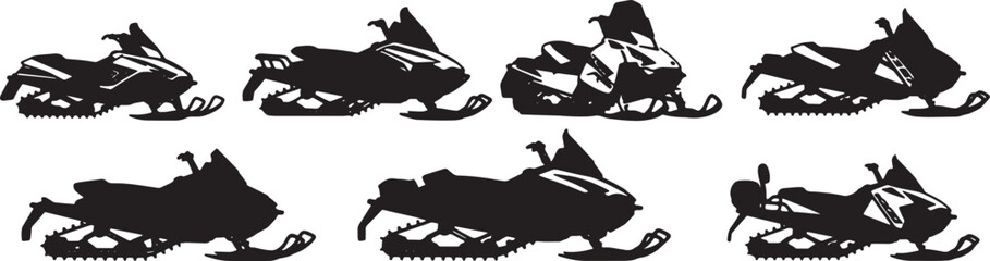 Black Solid Diverse Snowmobile Silhouettes Set of Six on White Background © Reshma