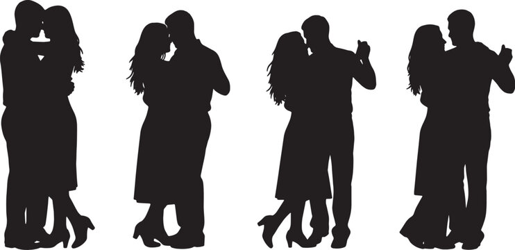 Black Solid Slow Dance Couple Embrace Set of Six on White Background