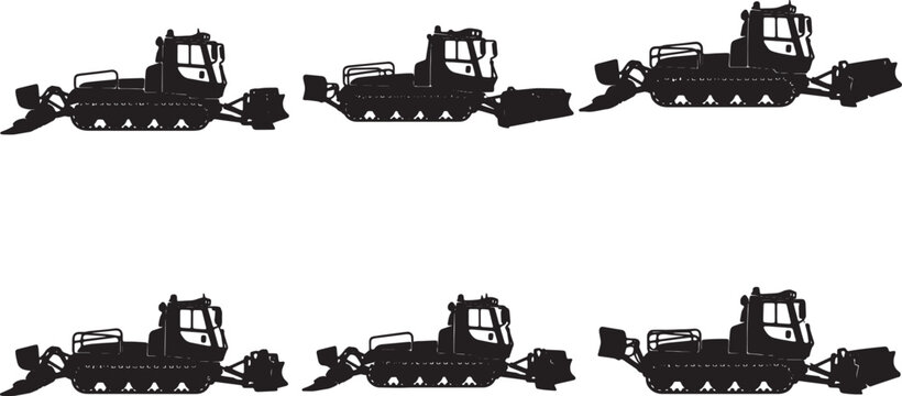 Black Solid Diverse Snow Grooming Machine Silhouettes Set of Six on White Background