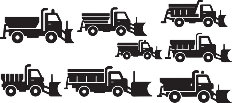Black Solid Snowplow and Snow Removal Truck Silhouettes Set of Six on White Background
