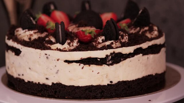 Close up of a cookies and cream layered cake topped with chocolate cookies, whipped cream, and fresh strawberries on a platter