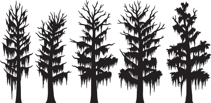 Black Solid Spanish Moss Tree Silhouettes Set of Six on White Background