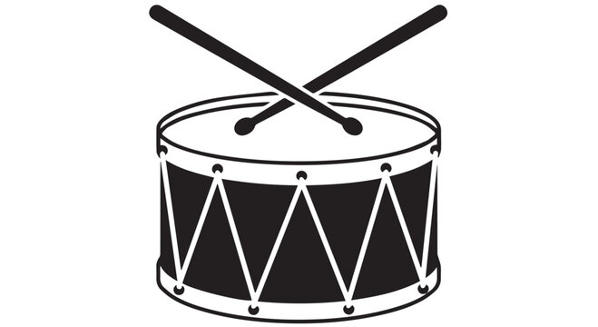 Simple black and white illustration of a snare drum with crossed drumsticks on a plain Transparent Background, symbolizing music and rhythm.