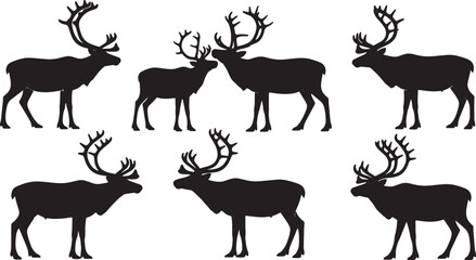 Fototapeta premium Black Solid Reindeer Head Held to Side Silhouettes Set of Six on White Background