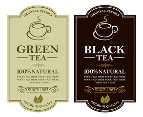 collection of green and black tea labels with leaves and cup