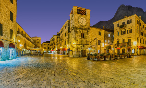 Kotor Old Town Square of the Arms Clock Tower Night
