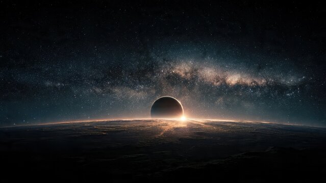 Eclipse Over Planet With Galaxy Starfield