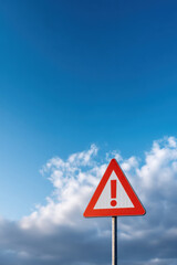 Red warning triangle sign against blue sky with clouds