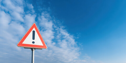 Red warning sign with exclamation mark against blue sky