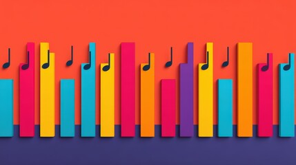 Obraz premium Colorful rectangular bars and musical notes arranged in a pattern resembling a music equalizer against a bold, dual-tone background.