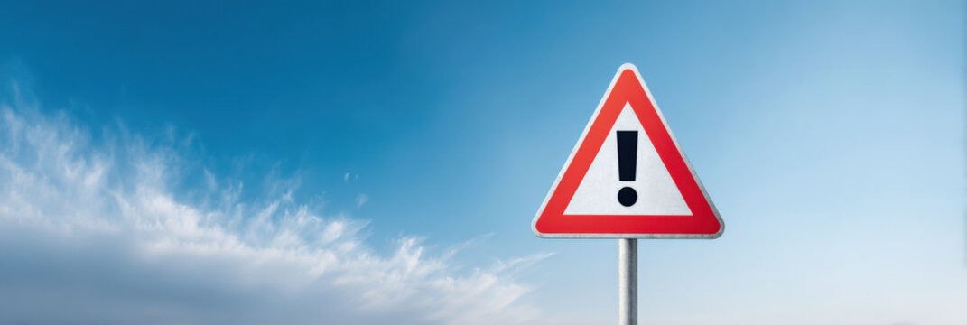 Red triangular warning sign with exclamation mark against blue sky