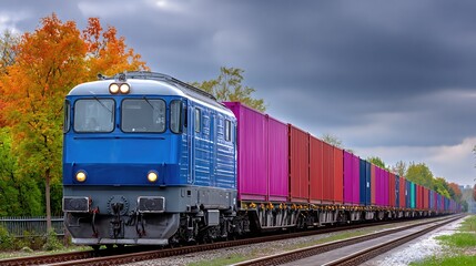 Fototapeta premium Global Shipping Rail Train Carries Colorful Cargo Containers Through Autumn Landscape