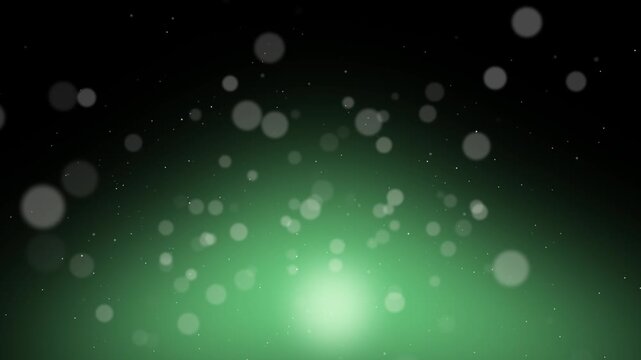Abstract Cinematic Dark Background Featuring Soft White Bokeh Lights Glowing Green Flare and Floating Dust Particles for Video Production and Graphic Design