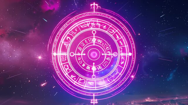 neon arcane portal hovering above clouds, glowing sigils rotate over nebula backdrop, streaking comets and distant starfield, luminous energy ring expands