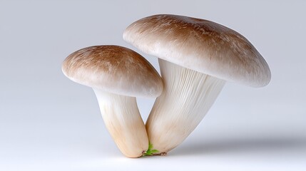 Mushrooms Growing on White Background Showing Details of the Caps and Stems Under Bright Lighting