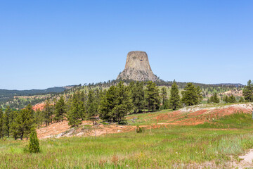 Wyoming natural landmark Devil's Tower rises above the surrounding woods