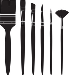 Set of six black paint brushes for artistic use