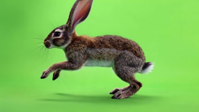 Brown rabbit with long ears runs on a green screen, captured in mid-stride, natural movement