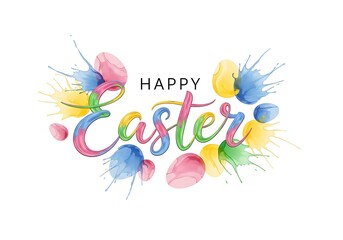Obraz premium Colorful Easter greeting with eggs and paint splashes festive holiday design