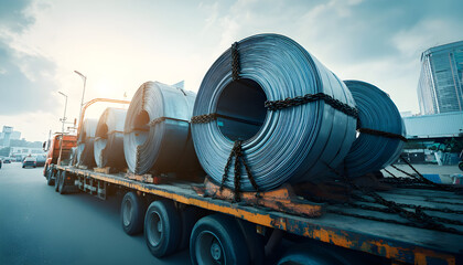 Steel coils stacked on heavy-duty truck trailer, chains securing cylindrical metal cargo, logistics operation in progress, manufacturing supply chain visualization, daylight highwa