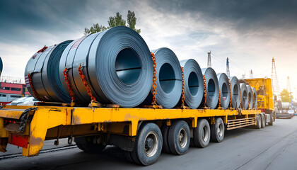 Steel coils stacked on heavy-duty truck trailer, chains securing cylindrical metal cargo, logistics operation in progress, manufacturing supply chain visualization, daylight highwa