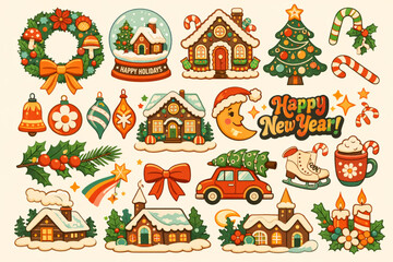Naklejka premium Festive Christmas and New Year Cartoon Elements Set in Retro Groovy Style