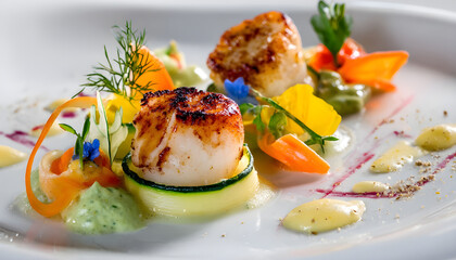 exquisite plated dish michelinstar presentation vibrant colors artistic food arrangement gourmet culinary art