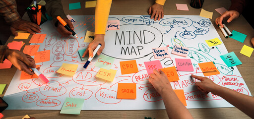A dynamic scene of a collaborative mind mapping session, showcasing diverse hands engaging with...
