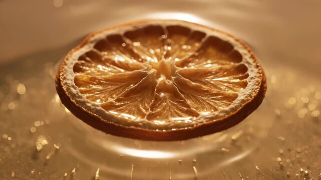 Close-up of a dried orange slice in liquid, golden light.