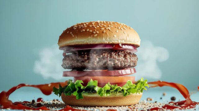 Delicious Burger with Fresh Ingredients and Sesame Seed Bun.