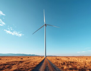 a single large wind turbine stands in a vast open landscape under a clear blue sky, symbolizing clean renewable energy and environmental sustainability