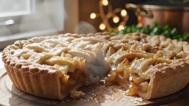 The freshly baked apple pie sits on a wooden surface, showcasing its golden crust and warm apple filling. The apple pie emits steam, suggesting it's ready to be enjoyed by family.
