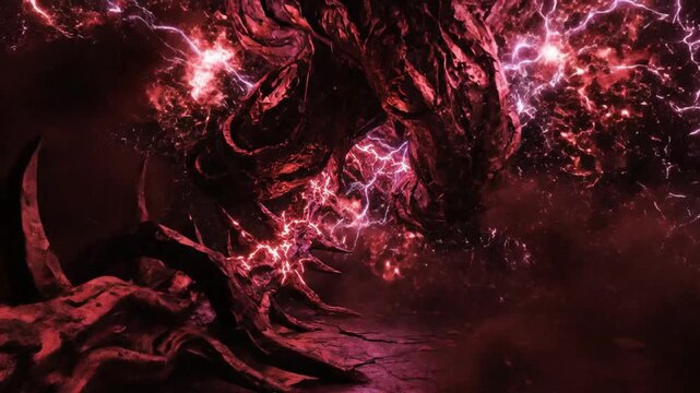 Dark cavern interior with jagged stalactites and red electric plasma accents