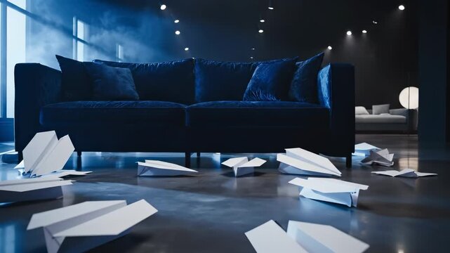A blue sofa sits in a modern room with shadows and lighting. Paper airplanes are scattered on the floor, creating a playful and creative atmosphere.