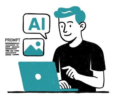  Hombre joven Trabajador de IA. Utiliza un prompt para generar imagenes y contenido para Redes Sociales