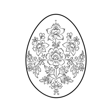 Easter egg with floral pattern, black and white sketch. Vector illustration, isolated on a white background. Concept of spring, Easter and Christian holiday