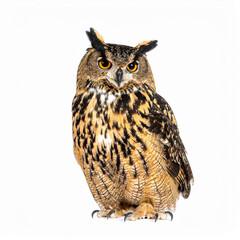 Obraz premium Owl Sitting on White Background, Wild Nocturnal Bird Close Up No Shadow